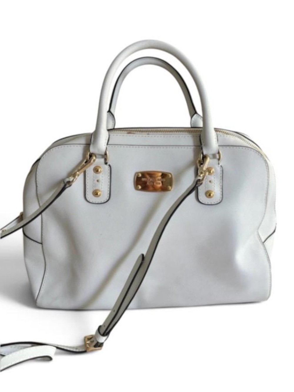 Michael Kors White Saffiano Leather Large Dome Satchel Crossbody Bag Gold Tone